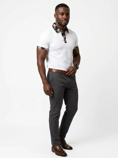 Momount Men Polo Shirt – Floral Contrast Collar Cuffs Short Sleeve - White - 3/4