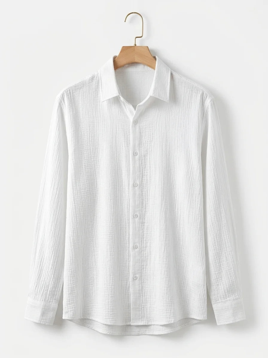 Momount Men Waffle Linen Shirt – Long Sleeve Button Up Textured Casual - White - hanger