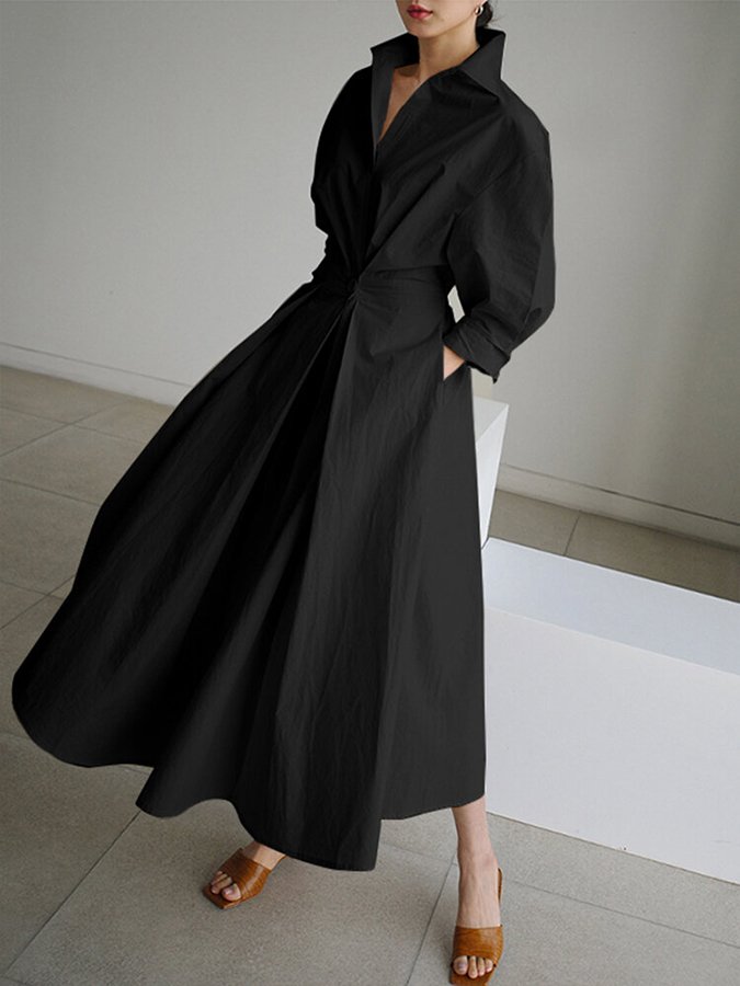 Momount Donna Abito Midi Elegante in Cotone – con Bottoni
