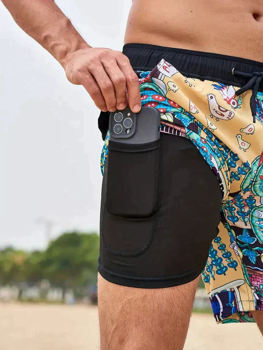 Momount Men Swim Shorts – Palm Print Drawstring Mesh Liner Quick Dry
