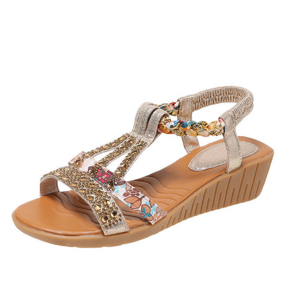 Momount Donna Sandali con Zeppa – Boho con Strass Intrecciati Tira a T Estivi