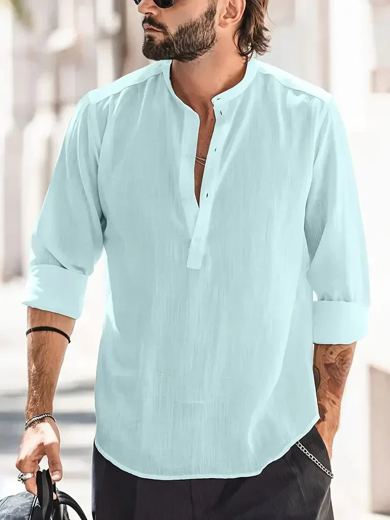 Momount Uomo Camicia Henley di Lino – Manica Lunga Collo alla Coreana Estiva