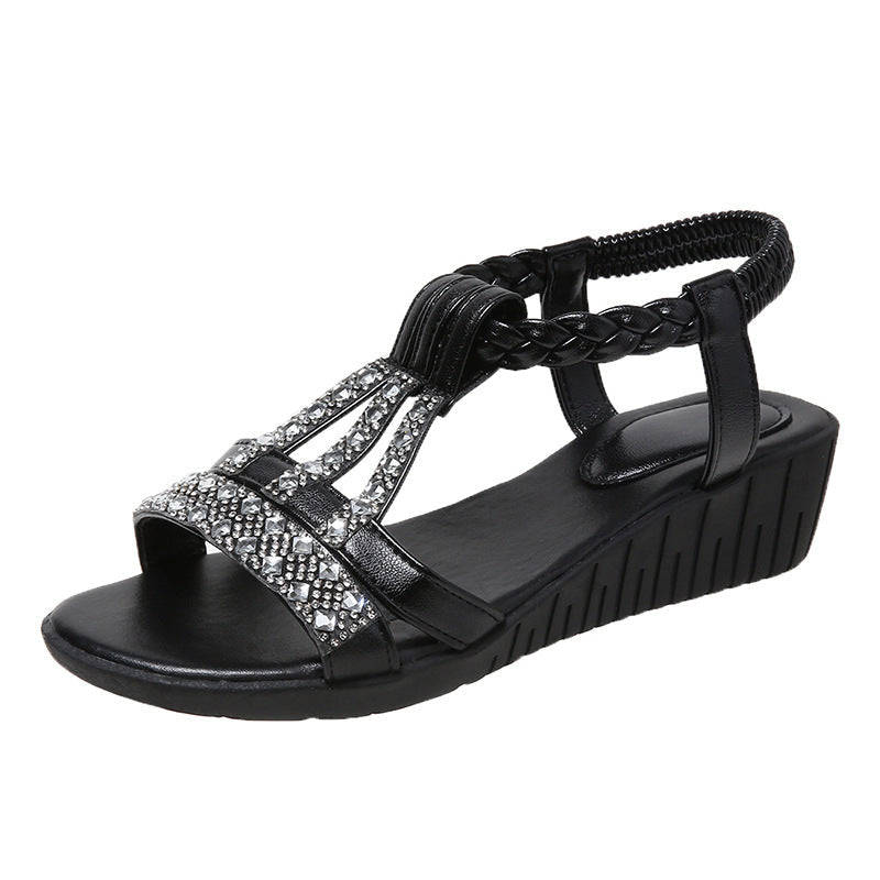 Momount Donna Sandali con Zeppa – Boho con Strass Intrecciati Tira a T Estivi