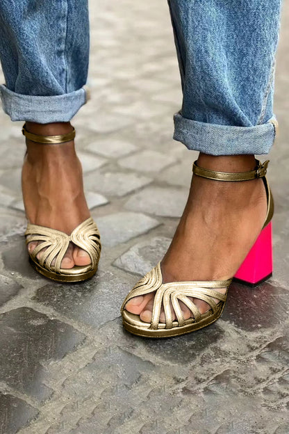 Damesandaler med blokhæl – Metallic-remme til fest og aften