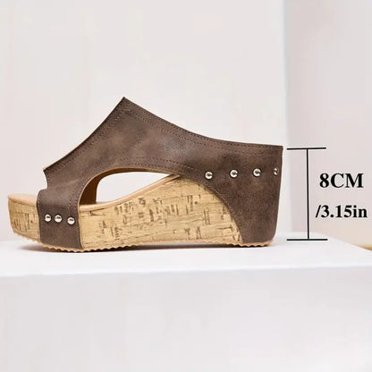 Momount platform kile-sandaler dame – sort kork med peep-toe, mule og nittedetaljer