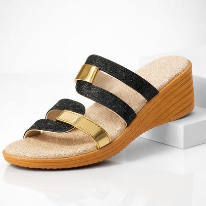 Momount slide-sandaler dame – glitrende metallisk finish, dobbeltrem og lav kile