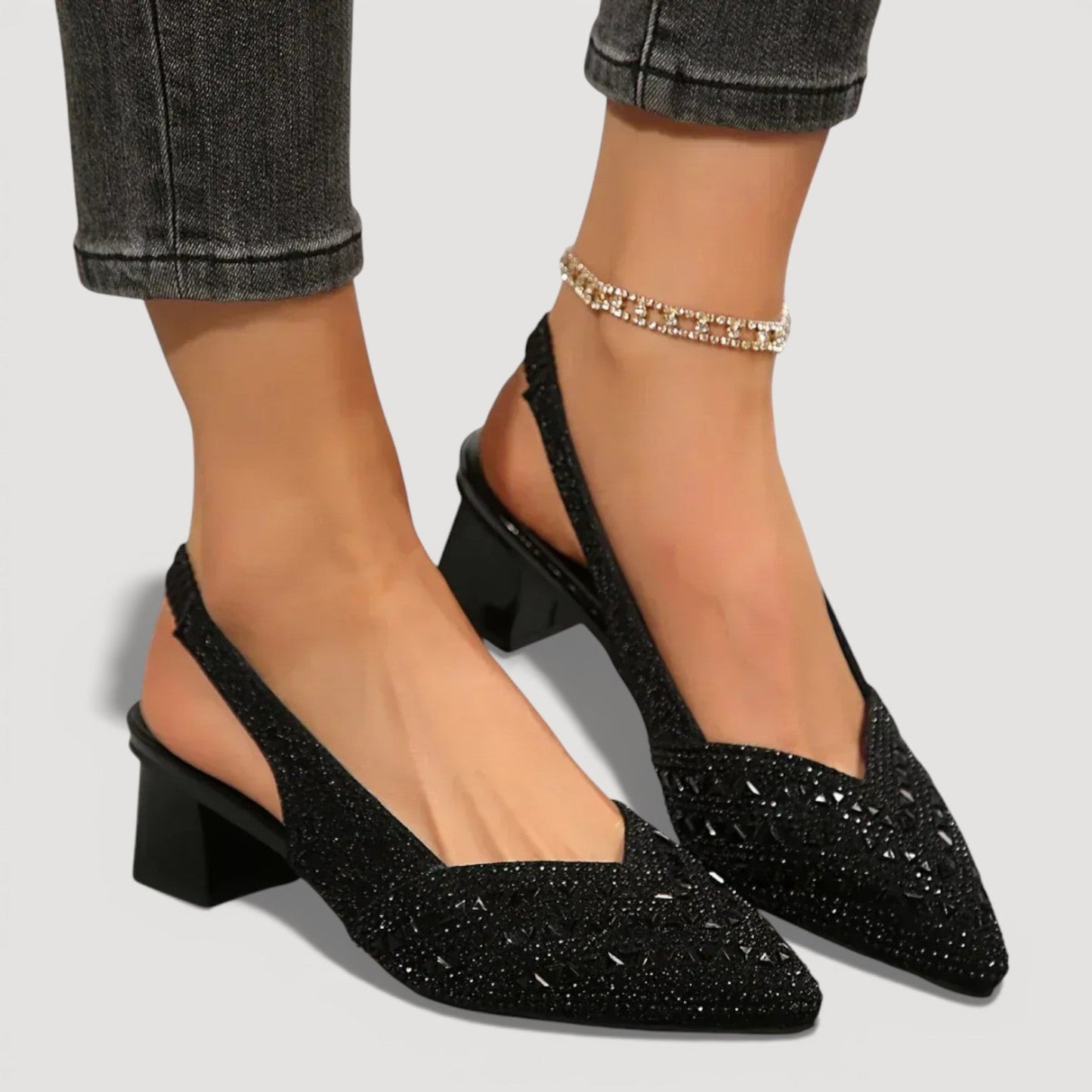 Momount Women Slingback Pumps – Rhinestone Pointed Toe Low Block Heel V-Cut