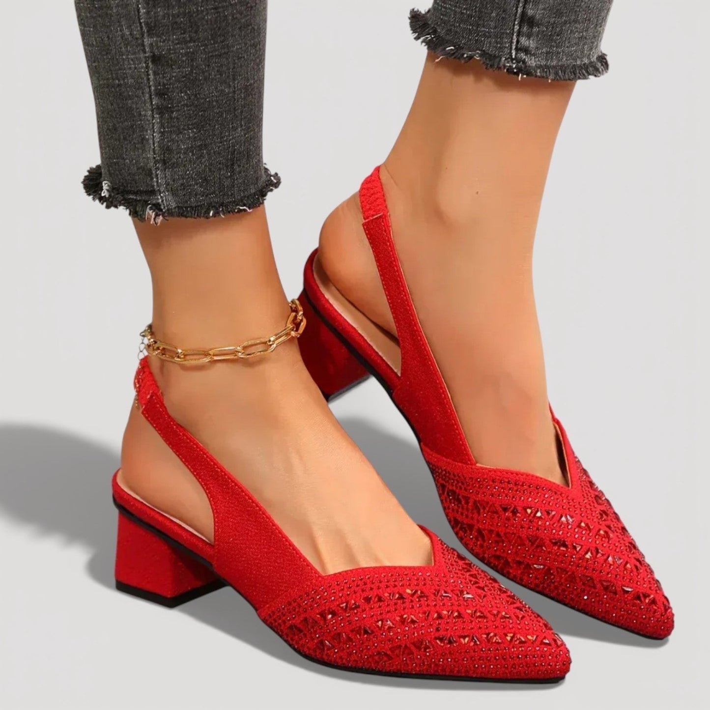 Momount Women Slingback Pumps – Rhinestone Pointed Toe Low Block Heel V-Cut