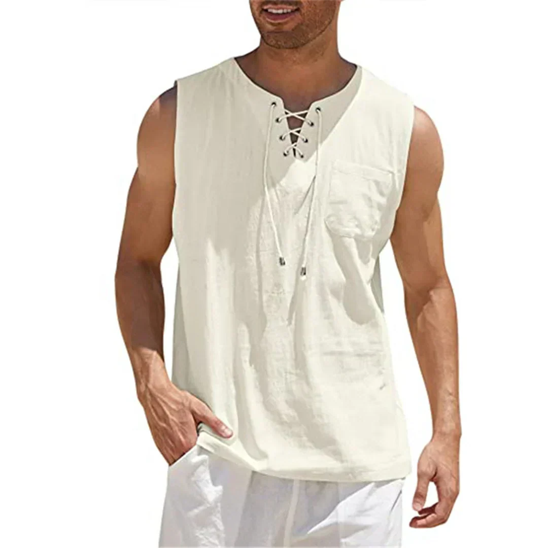 Momount herretanktop i hør – V-hals med snørelukning til strand og sommer