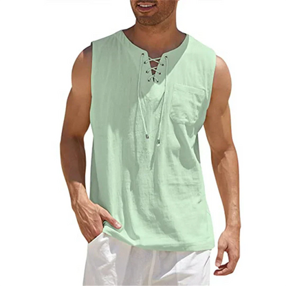Momount herretanktop i hør – V-hals med snørelukning til strand og sommer