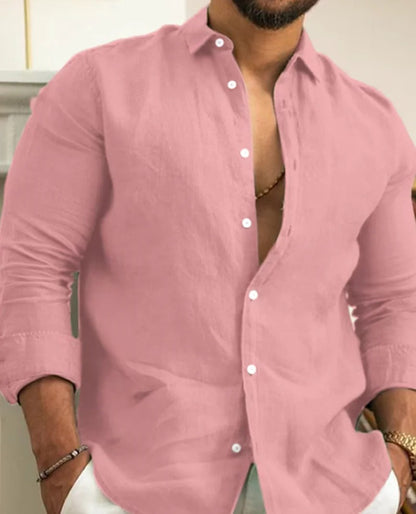 Momount Uomo Camicia di Lino – Manica Lunga Collo alla Coreana Abbottonata Classica