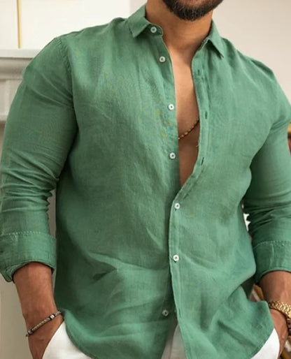 Momount Uomo Camicia di Lino – Manica Lunga Collo alla Coreana Abbottonata Classica