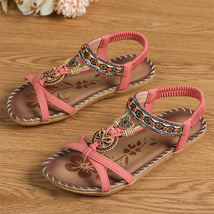 Momount slingback-sandaler dame – petroleumsblå boho med perler, rhinsten og flad sål