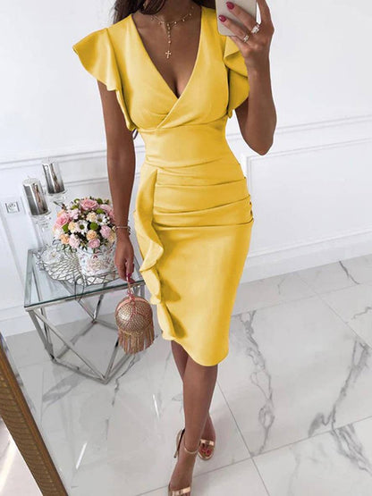 Octavia – Elegant bodycon-midikjole med flæser og V-udskæring | Sommerlig festkjole