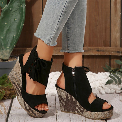 Momount kile-sandaler dame – vævet ruskind med sløjfe og høj platform i boho-stil
