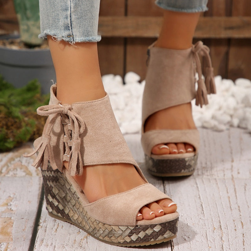 Momount kile-sandaler dame – vævet ruskind med sløjfe og høj platform i boho-stil