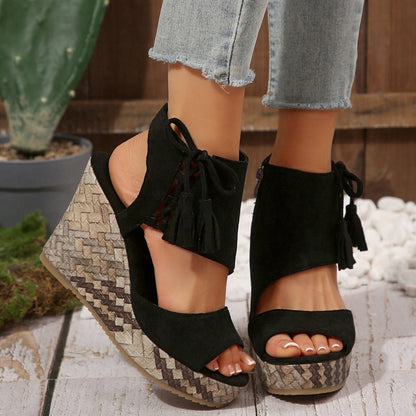 Momount kile-sandaler dame – vævet ruskind med sløjfe og høj platform i boho-stil