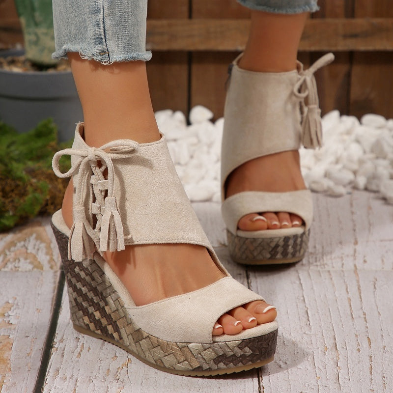 Momount kile-sandaler dame – vævet ruskind med sløjfe og høj platform i boho-stil