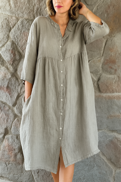Momount női pamut-vászon ingruha – V-nyakú, 3/4-es ujjú, laza fazon
