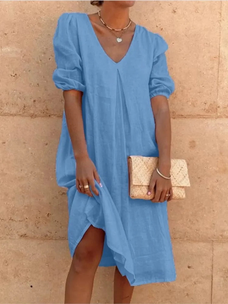 Momount Donna Abito Midi Estivo Boho – Cotone a Balze Scollo a V