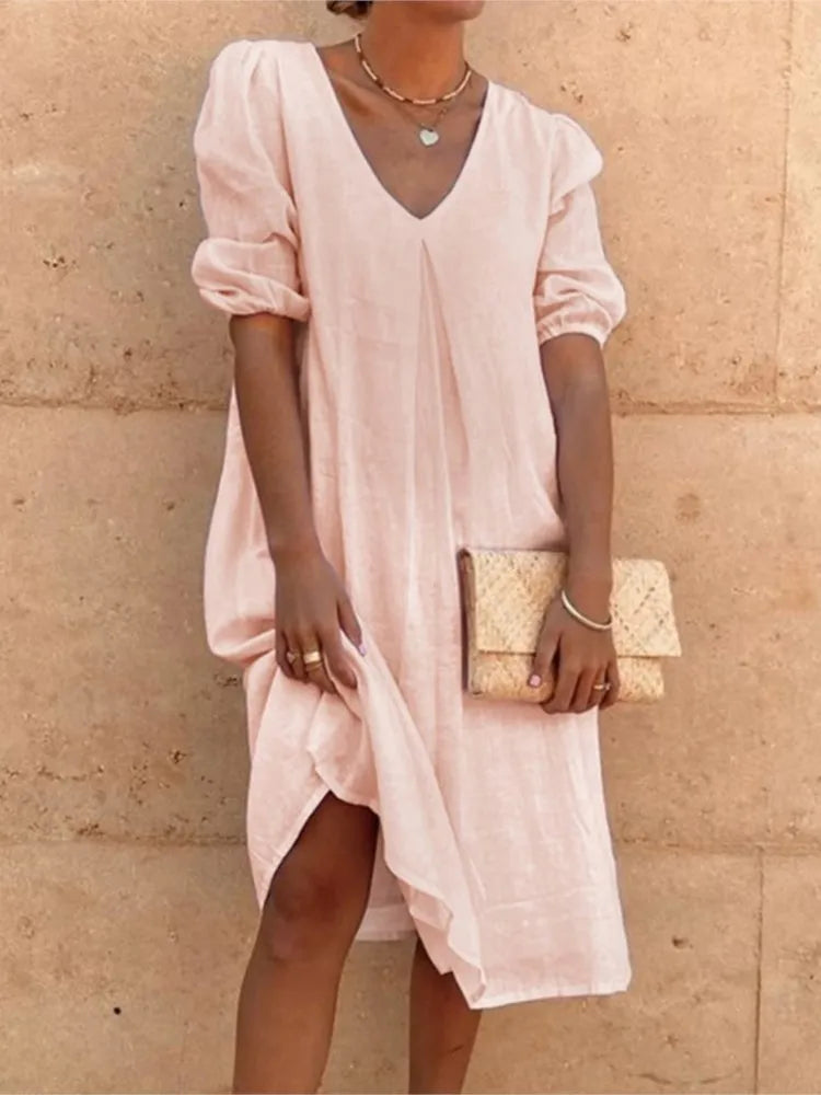 Momount Donna Abito Midi Estivo Boho – Cotone a Balze Scollo a V