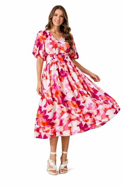 Brenta | Boho Chiffon Floral V Neck Long Sleeve Spring Maxi Dress