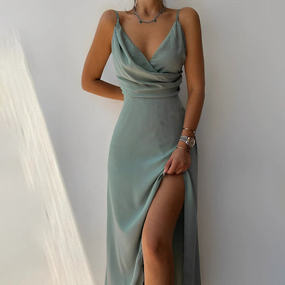Evangelia | Elegant Satin V Neck Wrap Summer Maxi Dress