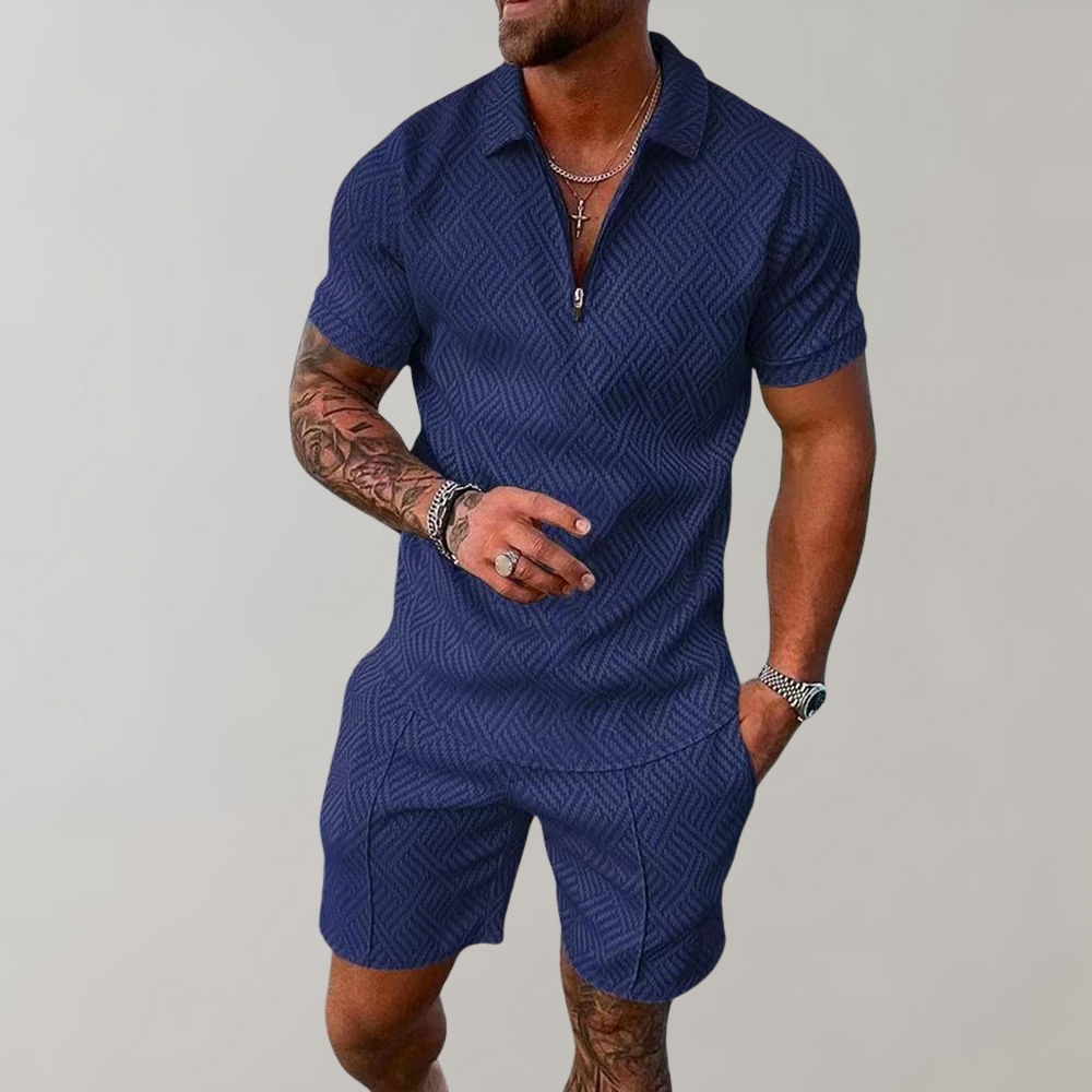 Momount herresæt – halv lynlås-polo og shorts i jacquard til sommer