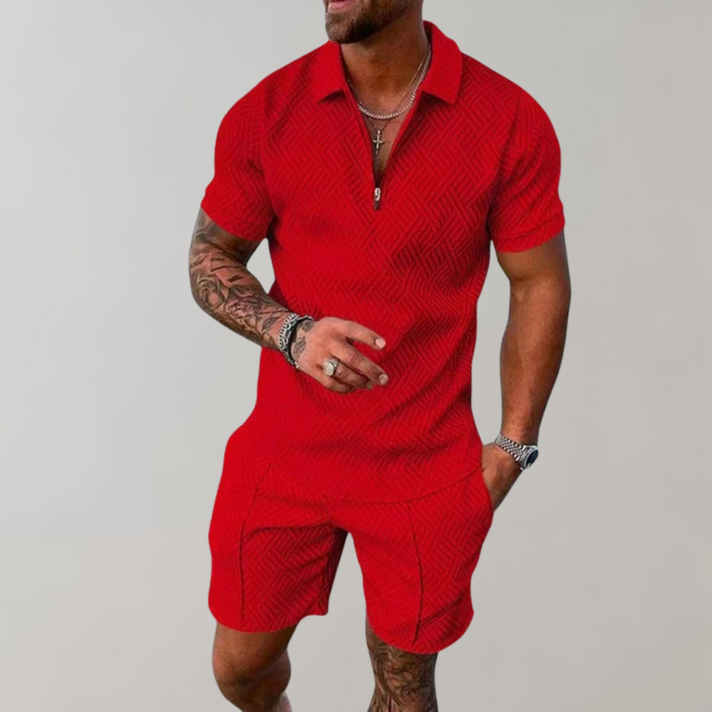 Momount herresæt – halv lynlås-polo og shorts i jacquard til sommer