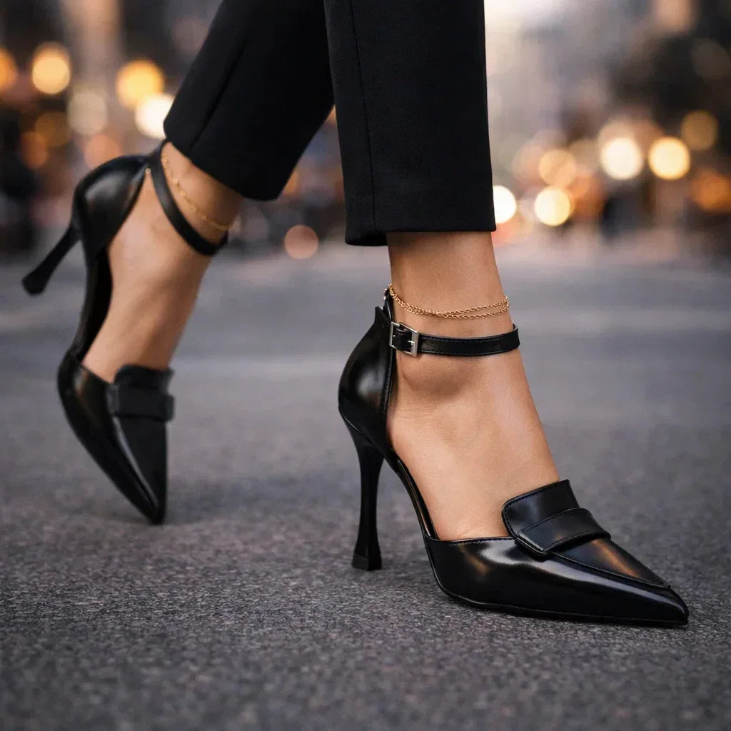 Momount női tűsarkú körömcipő – bőr, hegyes orrú, bokapántos slingback