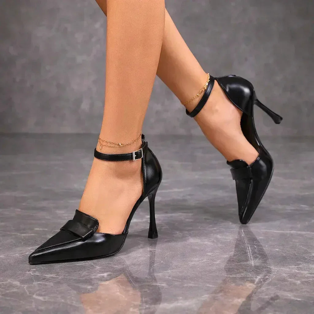 Momount női tűsarkú körömcipő – bőr, hegyes orrú, bokapántos slingback