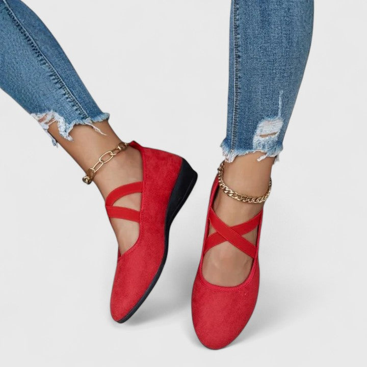 Momount Damen Ballerinas – Wildleder Elastischer Kreuzriemen Runde Zehe Slip-On