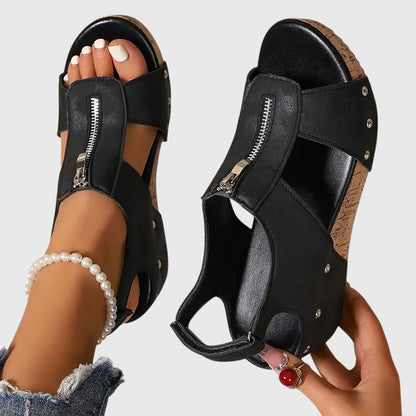Momount Women Cork Wedge Sandals – Leather Front Zipper Studded Peep-Toe