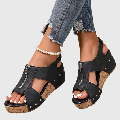 Momount Women Cork Wedge Sandals – Leather Front Zipper Studded Peep-Toe