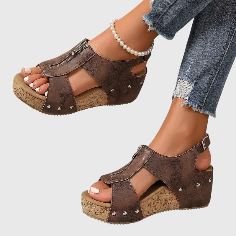 Momount Women Cork Wedge Sandals – Leather Front Zipper Studded Peep-Toe