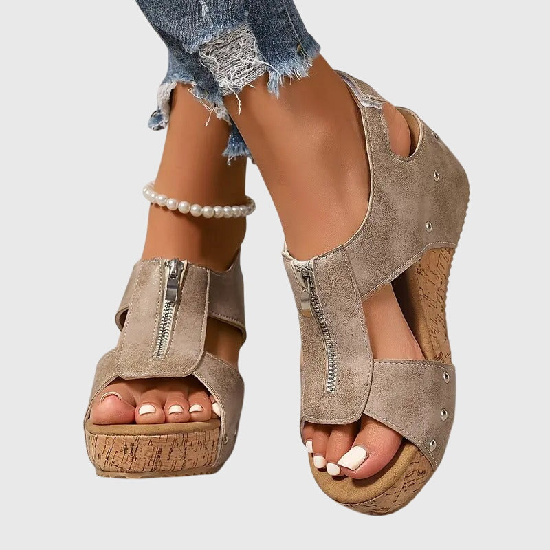 Momount Women Cork Wedge Sandals – Leather Front Zipper Studded Peep-Toe