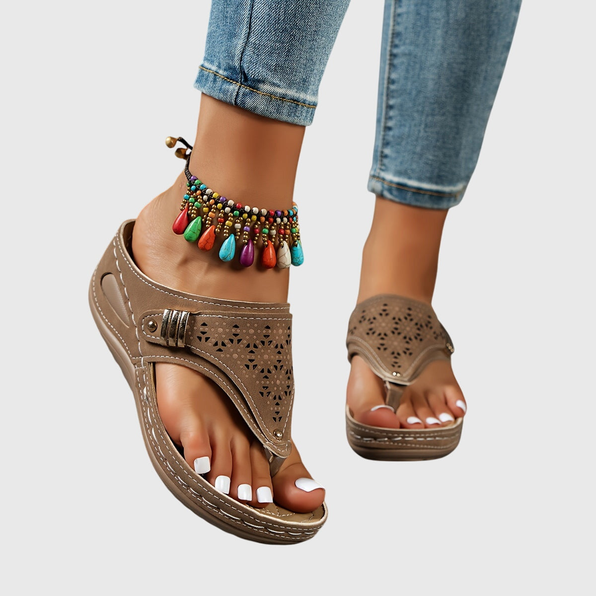 Momount Women Thong Wedge Sandals – Leather Laser-Cut Slide Toe-Post Low Heel
