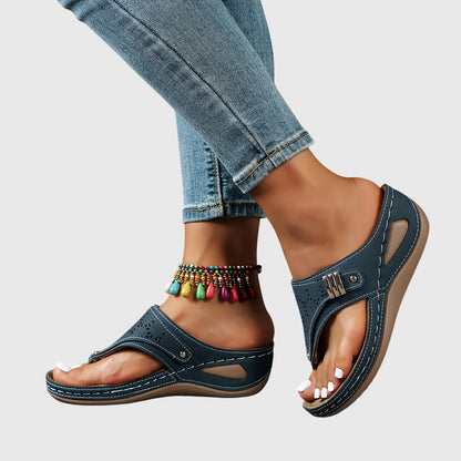 Momount Women Thong Wedge Sandals – Leather Laser-Cut Slide Toe-Post Low Heel