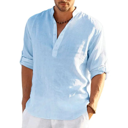 Momount Uomo Camicia Henley di Lino – Manica Lunga con Linguetta Arrotolabile Casual
