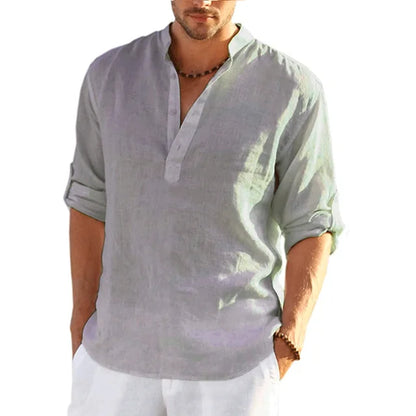 Momount Uomo Camicia Henley di Lino – Manica Lunga con Linguetta Arrotolabile Casual