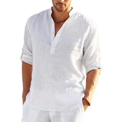 Momount Uomo Camicia Henley di Lino – Manica Lunga con Linguetta Arrotolabile Casual