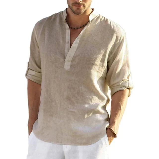 Momount Uomo Camicia Henley di Lino – Manica Lunga con Linguetta Arrotolabile Casual