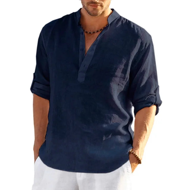Momount Uomo Camicia Henley di Lino – Manica Lunga con Linguetta Arrotolabile Casual