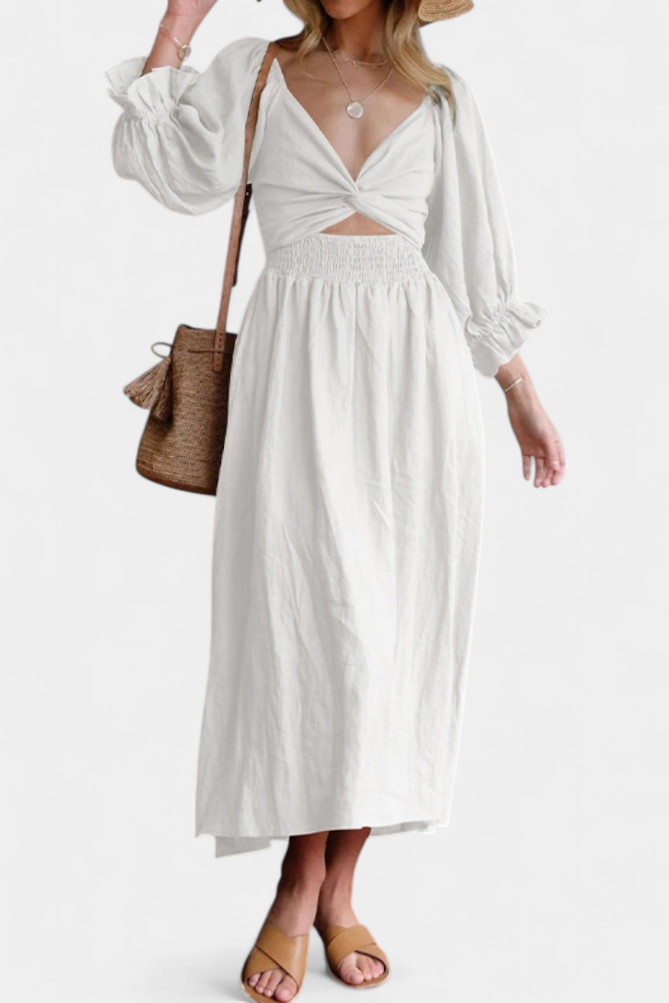 Momount Women’s Summer Midi Dress – Cut Out Puff Sleeve A-line Flowy Beach Dress