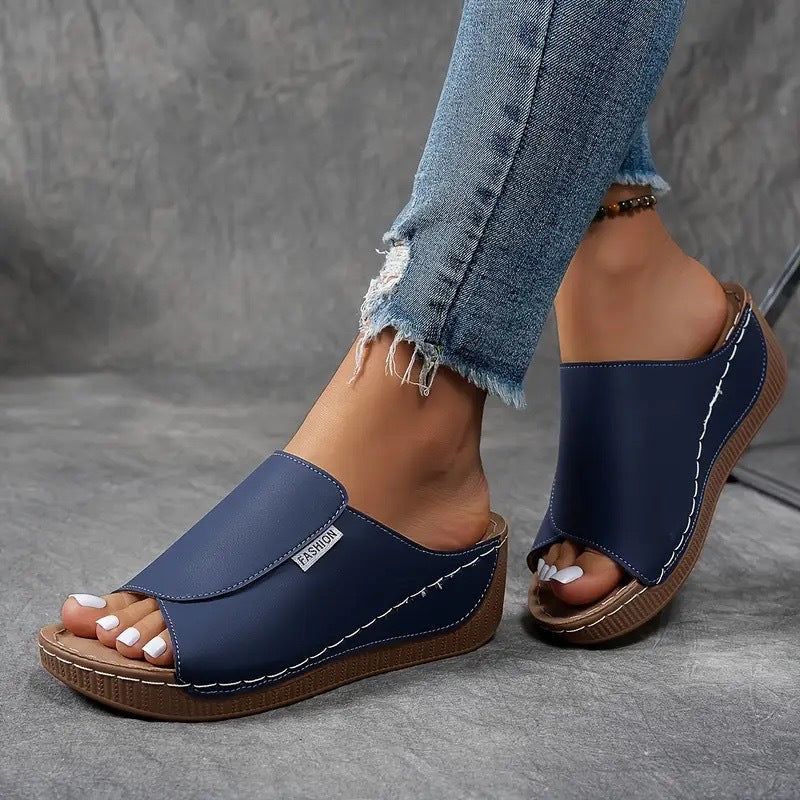Momount platform kile-sandaler dame – brun læder med åben tå og mule-design