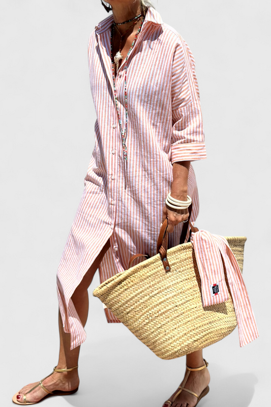 Momount Women’s Shirt Midi Dress – Striped Long Sleeve Casual Summer Beach Dress