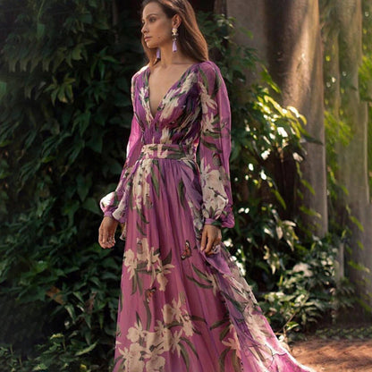 Momount Donna Abito Maxi a Portafoglio Estivo – Chiffon Floreale Scollo a V Boho