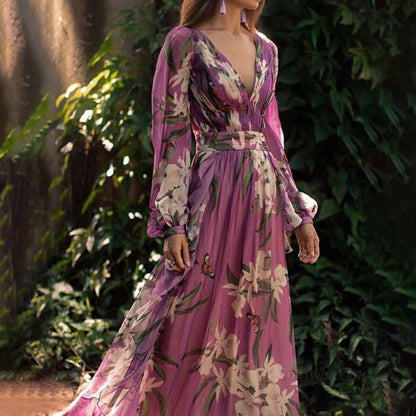 Momount Donna Abito Maxi a Portafoglio Estivo – Chiffon Floreale Scollo a V Boho
