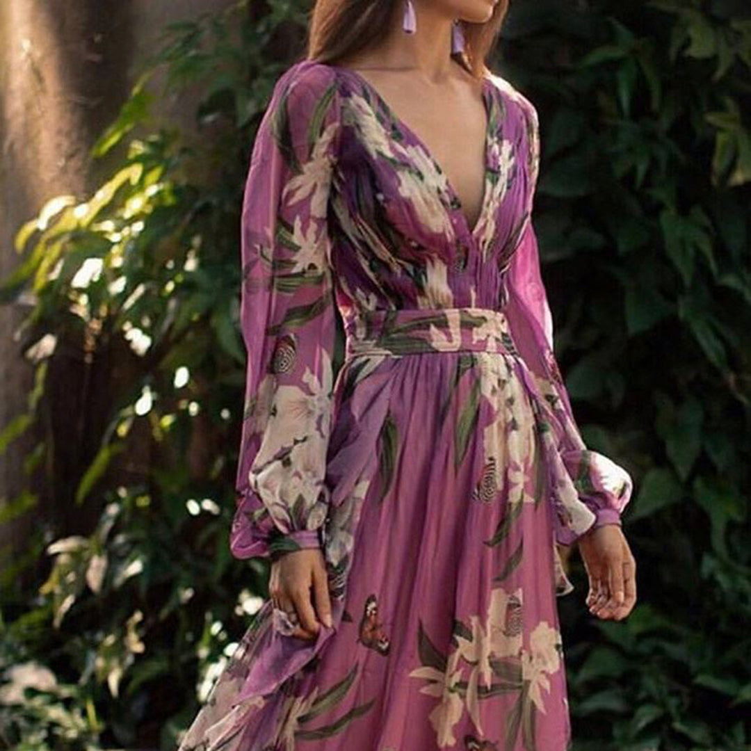 Momount Donna Abito Maxi a Portafoglio Estivo – Chiffon Floreale Scollo a V Boho