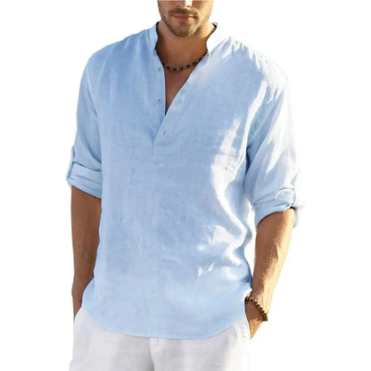Momount Uomo Camicia Henley di Lino – Manica Lunga Collo alla Coreana Casual